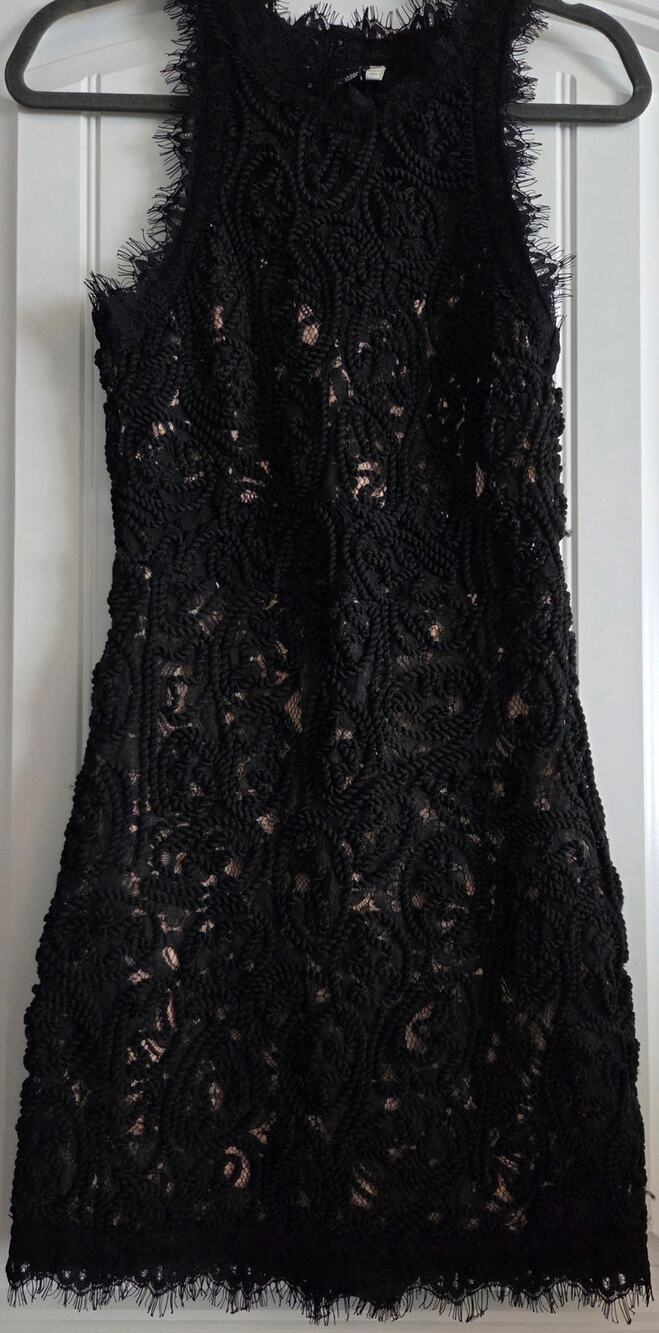 Windsor Black Soutache Crochet Lace High Neck Illusion Mini Dress Nude Lining S